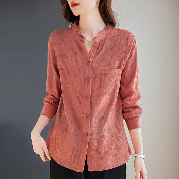 纯棉V领上衣长袖外套女士衬衫2025新款春秋大码女装中年妈妈衬衣