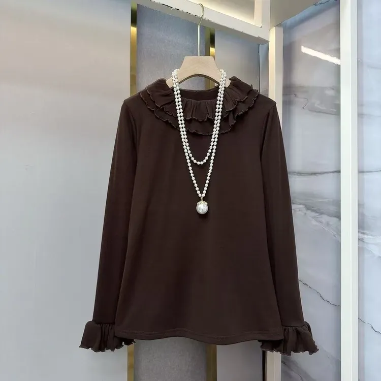 大码女装爆款时尚花边衬衫微胖遮肉显瘦秋冬长袖新款上衣打底简约