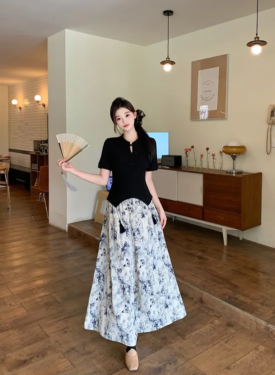 2025夏装新款胖mm大码女国潮新中式盘扣流苏短袖+阔腿裤套装22102