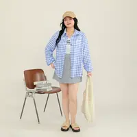 60-清大码百分百女装春季竹节格子衬衫针织半身裙两件套套装0349