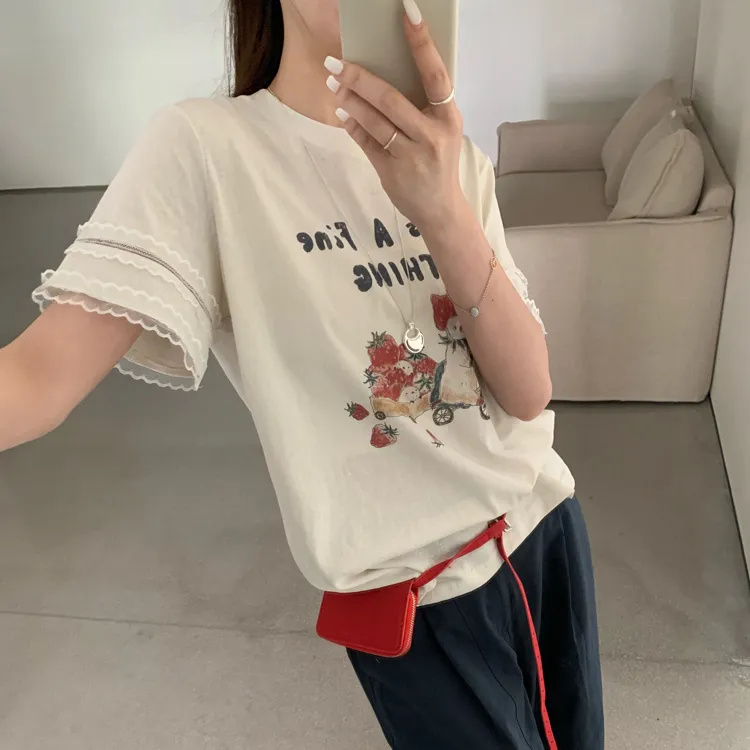 top.yuelan约澜923草莓T恤女2025夏薄款蕾丝花边袖雪花棉短袖圆领