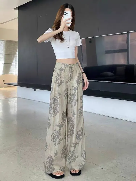 新款夏季亚麻墨染松紧印花休闲裤女薄款阔腿直筒高腰显瘦宽松8508