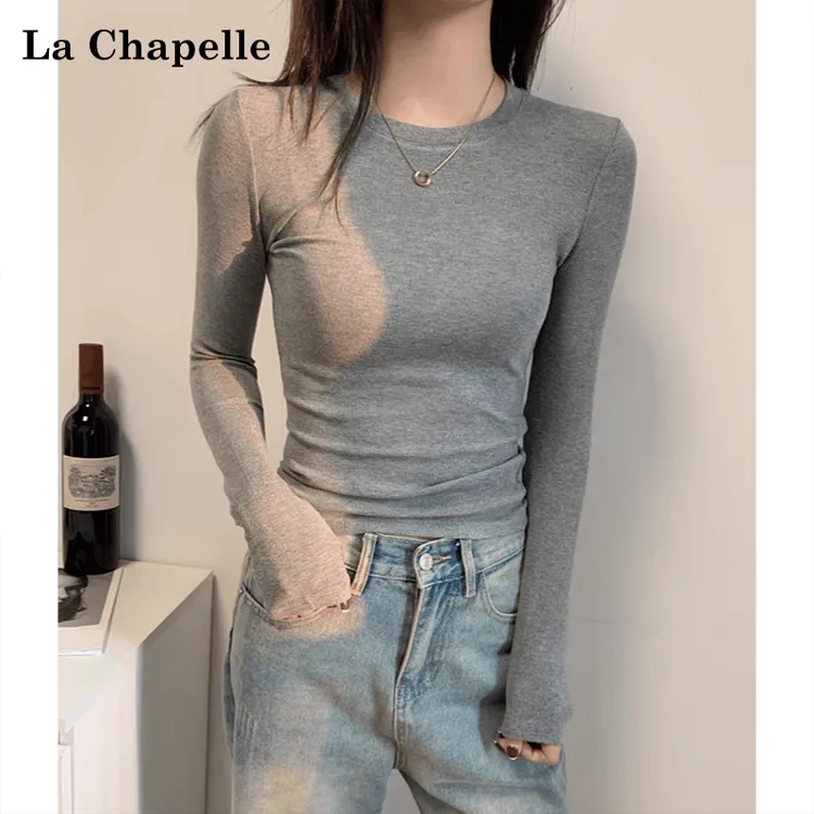 美式灰色正肩小衫长袖t恤女秋冬慵懒风螺纹内搭打底修身百搭上衣