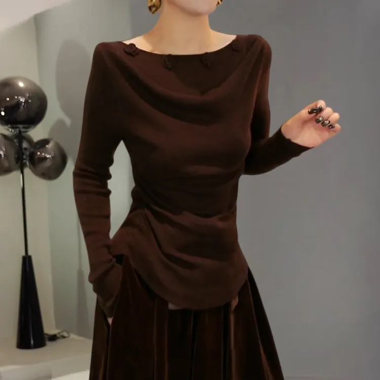 法式轻熟风一字荡领针织衫秋冬新款修身显瘦立体花朵设计感上衣女