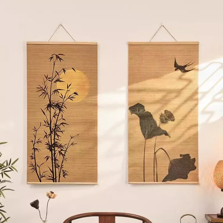 【禅意】新中式客厅装饰画茶室竹帘挂画书房背景卷轴荷花挂画壁画