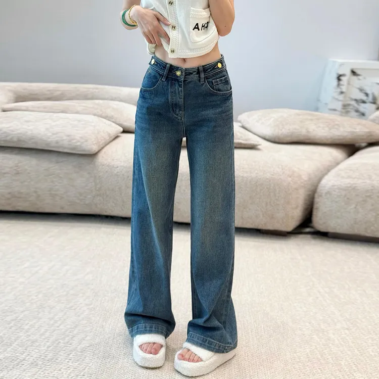【C215】辣妹潮款窄版牛仔裤女秋冬新款高腰直筒显瘦阔腿复古牛仔裤