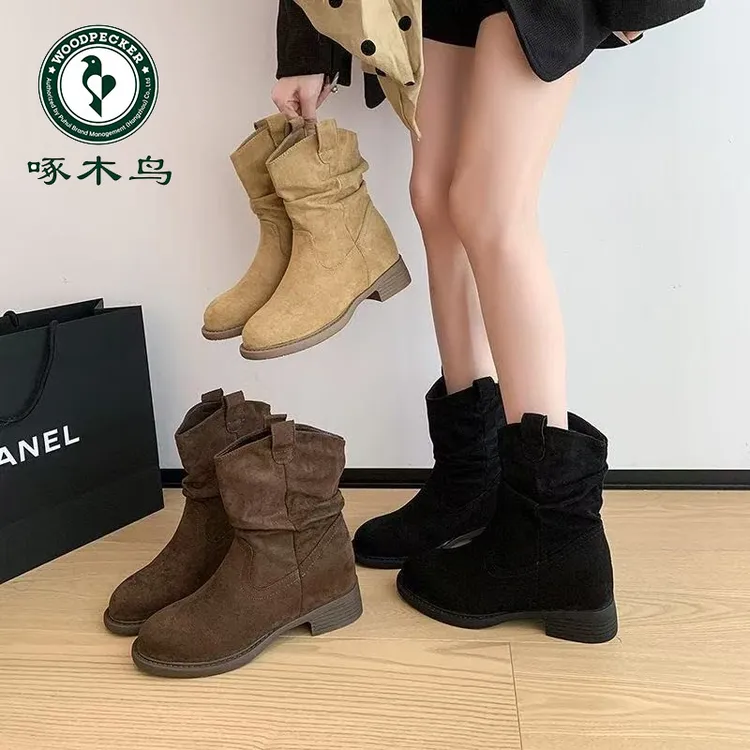 啄木鸟复古圆头堆堆靴秋季美拉德高跟西部牛仔骑士靴中筒靴短靴