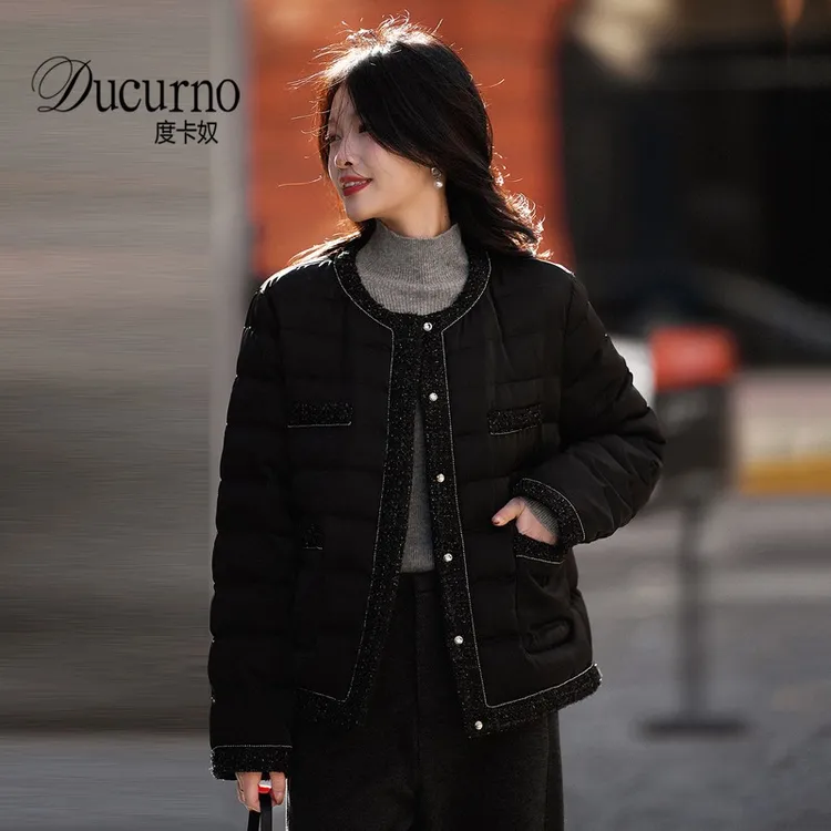 优雅保暖小香风羽绒服女款冬季新款白鹅绒圆领显瘦时尚鹅绒服外套