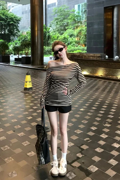 韩系chic别致套装长袖t恤时尚辣妹条纹长袖上衣高腰短裤子女夏季