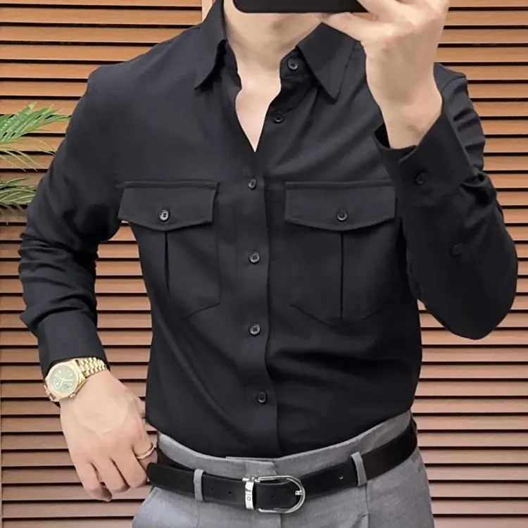 秋季薄款痞帅风男士长袖纯色时尚休闲潮流衬衫春秋衬衣百搭夏季