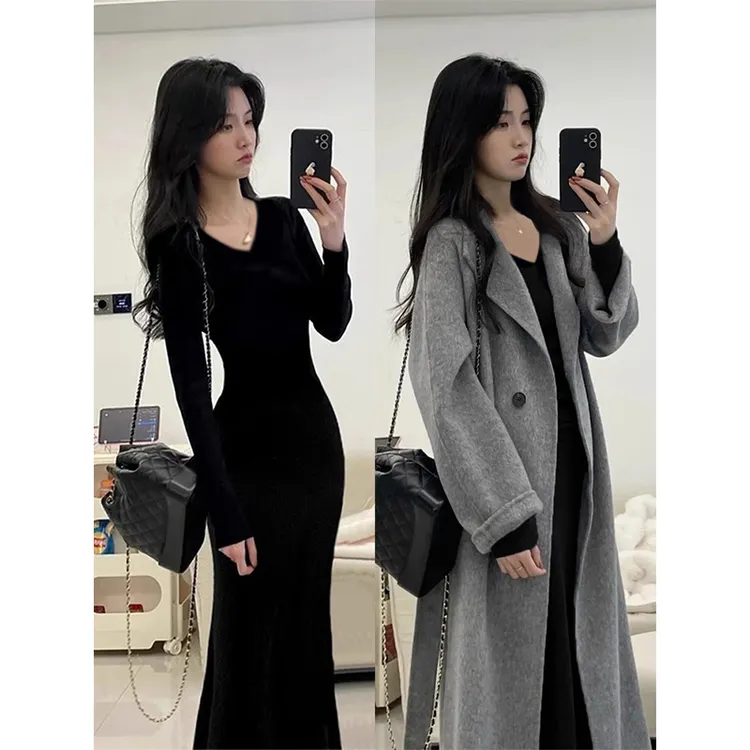 黑色v领步步生莲鱼尾连衣裙女秋冬季大衣内搭长袖针织包臀长裙子