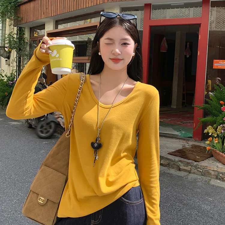 黄色V领正肩长袖T恤女2025新款早秋内搭打底衫宽松显瘦上衣