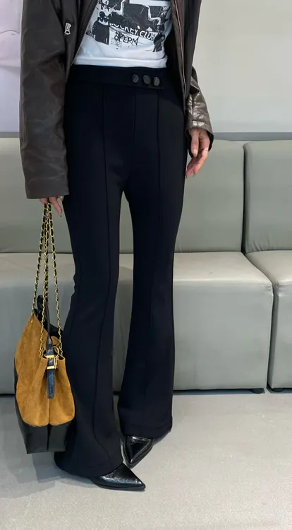 【二小姐】深圳欧货黑色微喇高腰三扣设计感修身显瘦垂感喇叭裤百搭