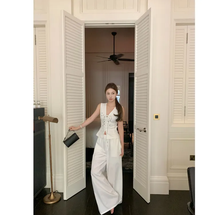 法式气质时尚设计感绑带短款上衣女到高腰百搭宽松休闲阔腿裤套装