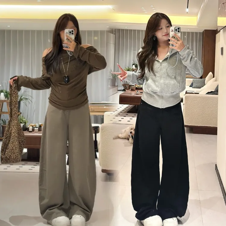 6744#美式大弯刀牛仔裤女宽松简约大码显瘦设计感裤子（不含腰带）