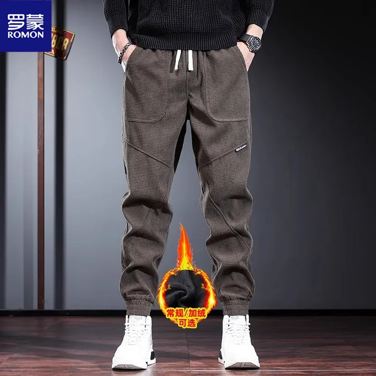 Romon/罗蒙灯芯绒休闲裤男士秋冬季宽松加绒男裤黑色松紧腰束脚裤
