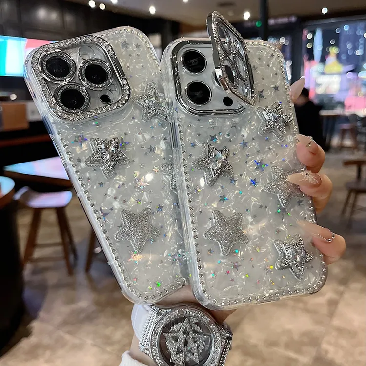 适用苹果系列iPhone16新款手机壳炫彩立体星星全包镜头膜钻框支架
