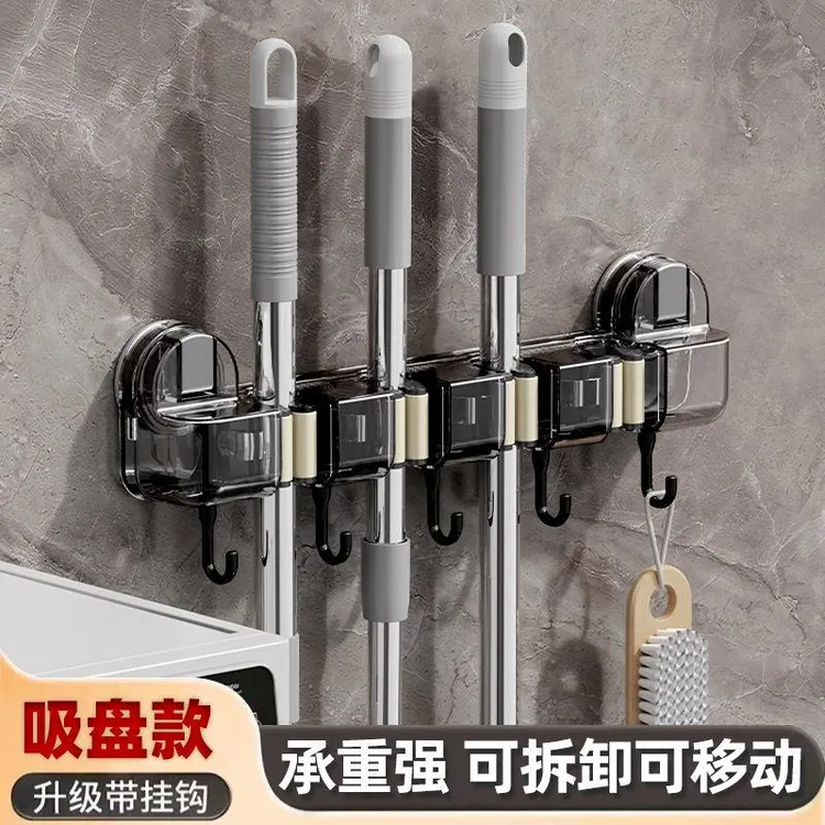 拖把夹壁挂神器卫生间免打孔浴室强力吸盘长条联排挂钩收纳置物架