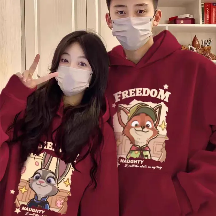 [两件]情侣装卫衣秋冬款一男一女慵懒风休闲小众连帽狐狸兔子帽衫
