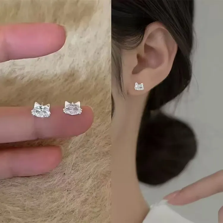 合金耳饰 【小奶猫】超闪猫咪耳钉简约养耳洞少女耳环百搭通勤耳饰