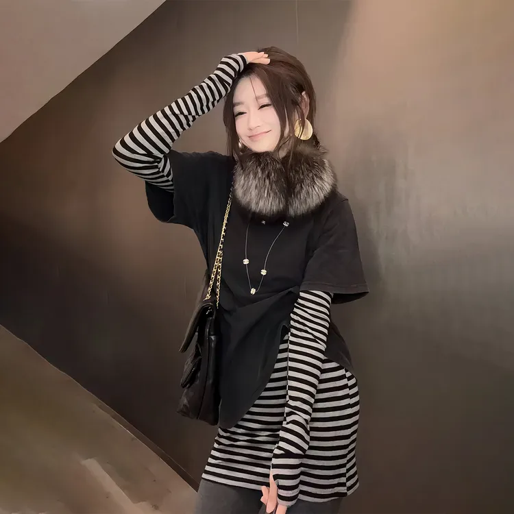 韩版叠穿条纹打底衫两件套女2025秋冬新款水洗做旧洋气长袖T恤潮