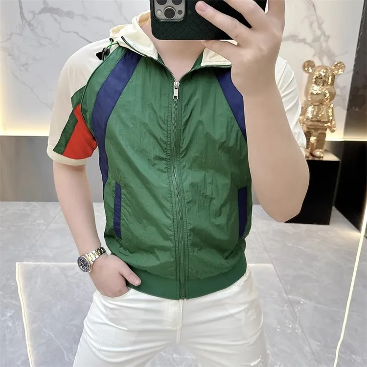 欧货轻奢高品质短袖T恤男时尚休闲百搭半袖连帽拉链拼色上衣2517
