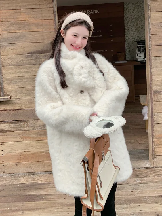 人造皮草 毛毛外套女2025冬季韩系慵懒加厚环保白色外套冬装