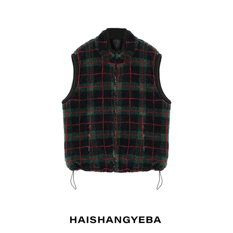 【海上叶爸】新款2025秋冬百搭羊毛立领红绿格纹无袖摇粒绒马甲