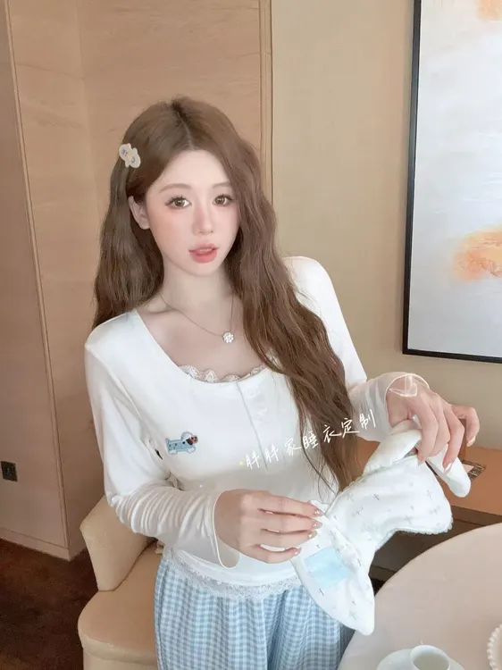 【奶糖布蕾】睡衣女春秋季纯欲可外穿带胸垫长袖小清新家居服套装