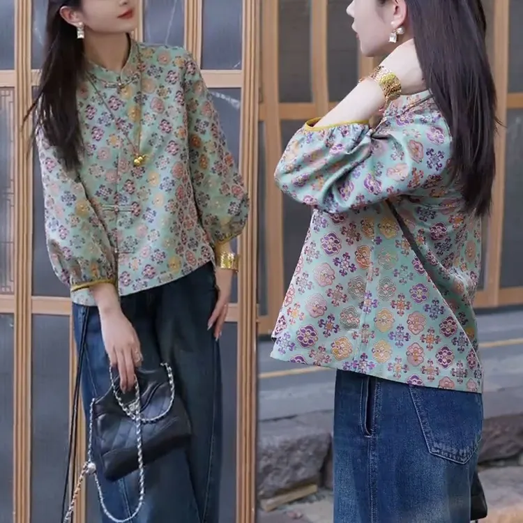 长袖新中式国风气质日常打底2025年秋季新款时尚印花复古拼接上衣