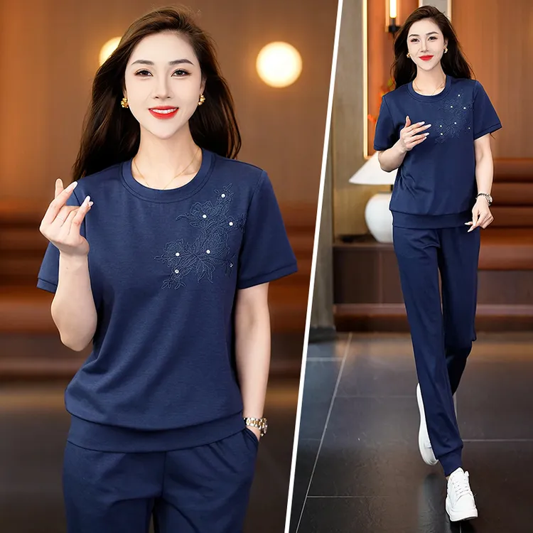 运动套装女夏季2025新款时尚刺绣跑步服休闲装慵懒圆领卫衣两件套