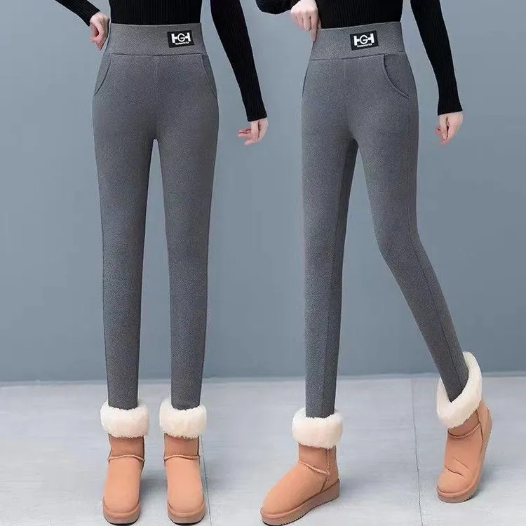 加绒加厚外穿羊羔绒秋冬打底裤女黑色特厚大码裤灰色紧身保暖裤