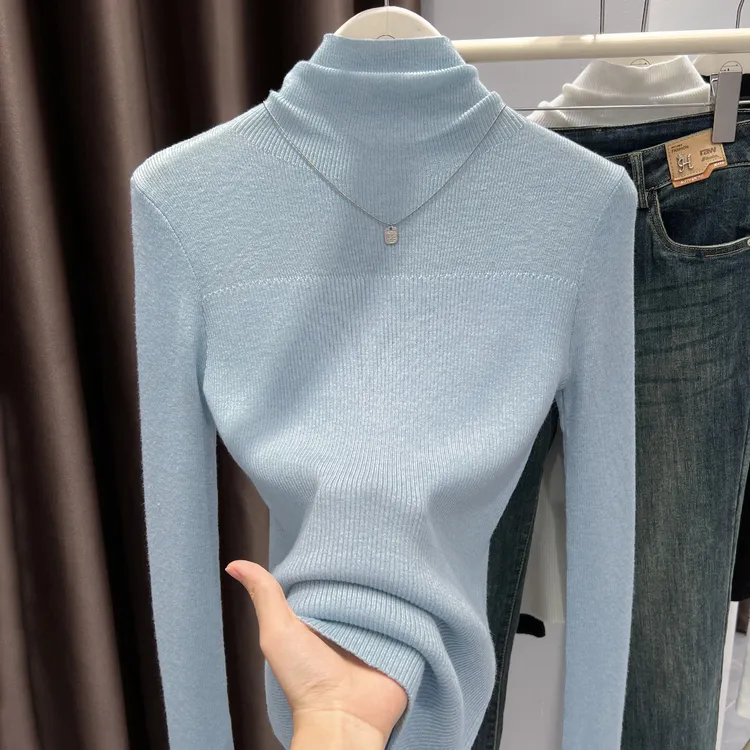 蓝色堆堆领针织打底衫秋冬爆款软糯内搭修身长袖小衫高档气质上衣