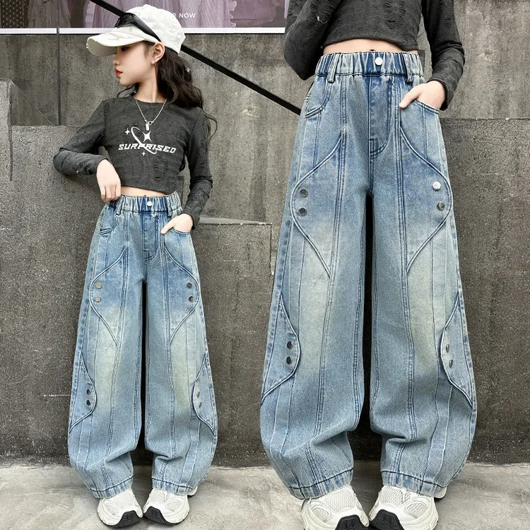 女童阔腿牛仔裤春秋季儿童中大童装新款2025小女孩直筒F6高腰显瘦