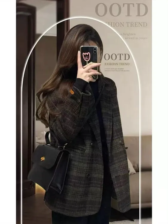 复古小香风格子西装呢子外套女2025秋冬新款韩系加厚显瘦百搭毛呢