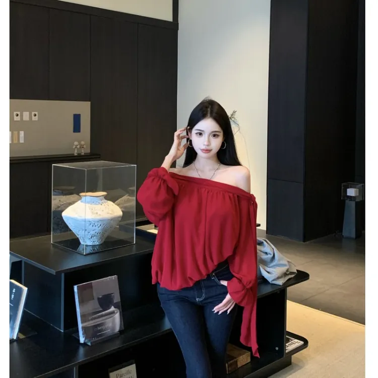 红色绑带斜肩长袖百搭衬衫女秋季纯欲宽松衬衣设计感独特气质上衣