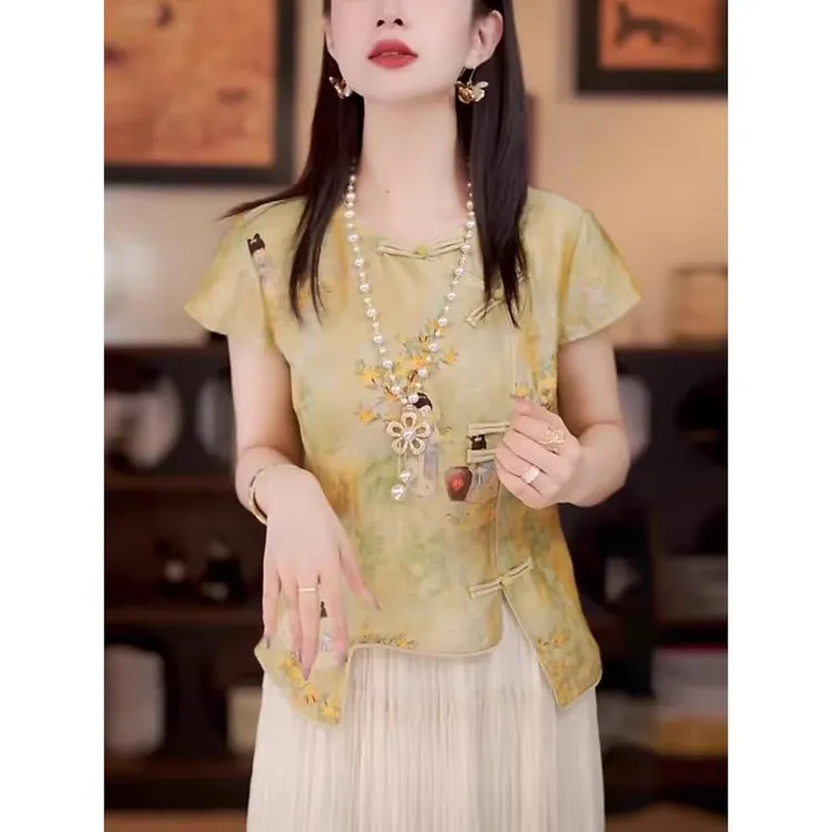 新中式黄色上衣女短袖2025夏季新款高端复古小衫国风改良旗袍衬衫