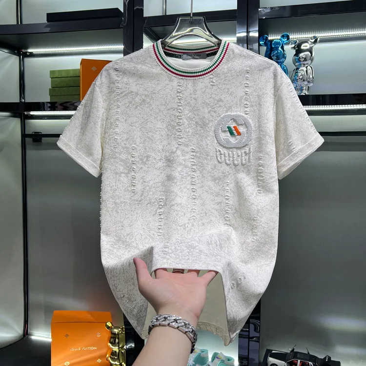 欧货男士高端刺绣破洞短袖T恤2025新款夏季潮牌轻奢透气男装半袖