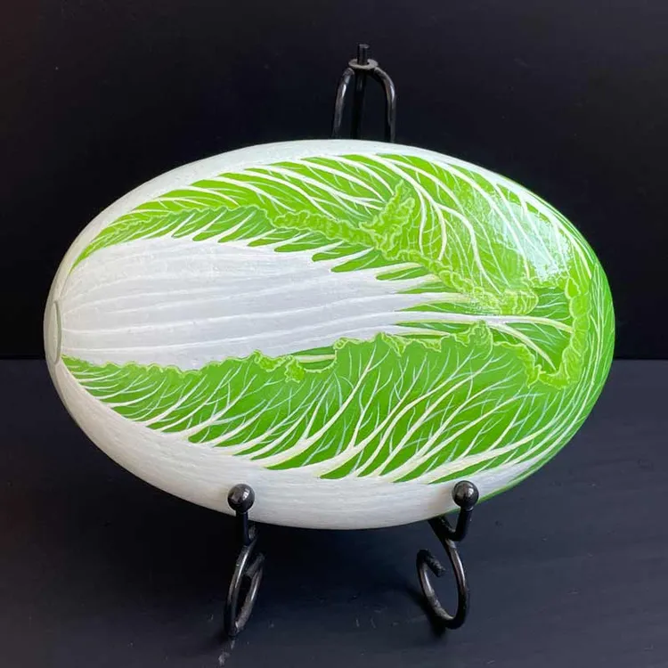 纯手绘百财白菜石头画办公室摆件饰品赠送礼品带支架