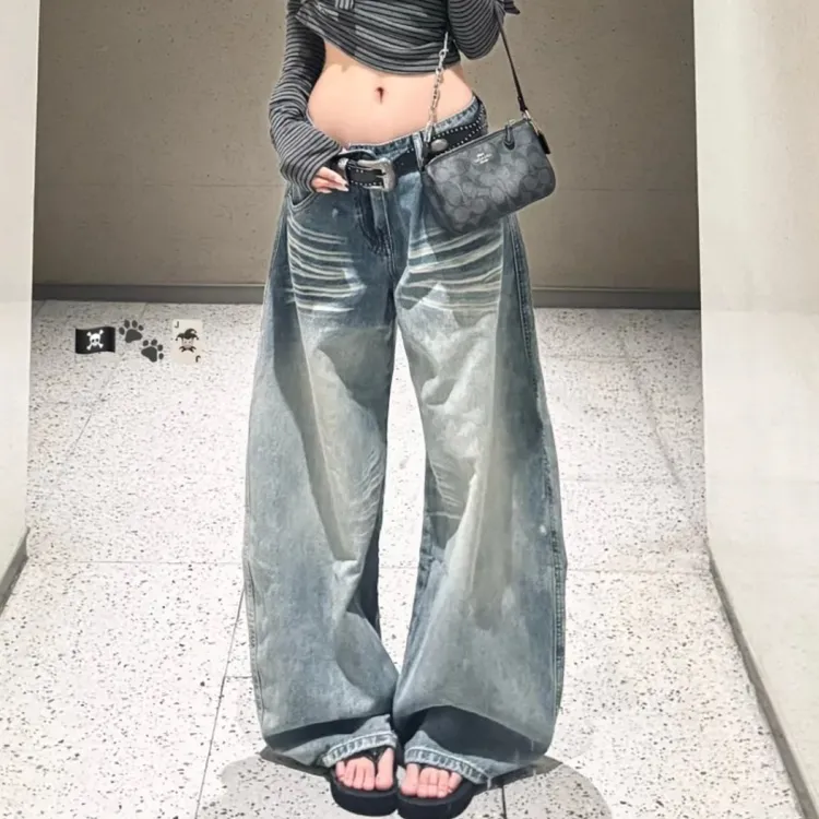 美式松弛舒适百搭设计感牛仔裤女2025秋季新款宽松显瘦百搭阔腿裤