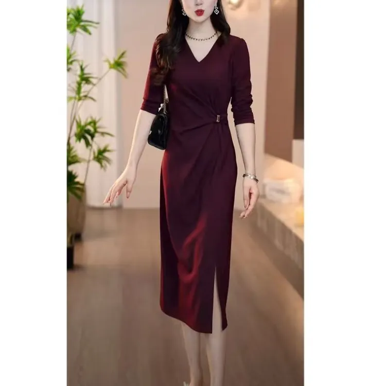 星空软精纺中长款连衣裙2025秋新款收腰捏褶修身大码妈妈礼服裙女