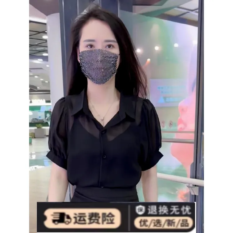 黑色衬衫雪纺衬衫女夏季新款高级感气质时尚小衫透视短袖别致衬衣