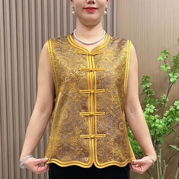 高端缎面国风马甲女春秋中老年女装妈妈装新中式盘扣马夹过年衣服