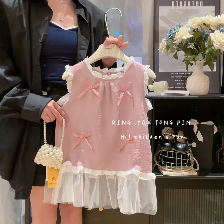女童连衣裙2025新款夏季甜美无袖背心裙子洋气蝴蝶结休闲公主裙新