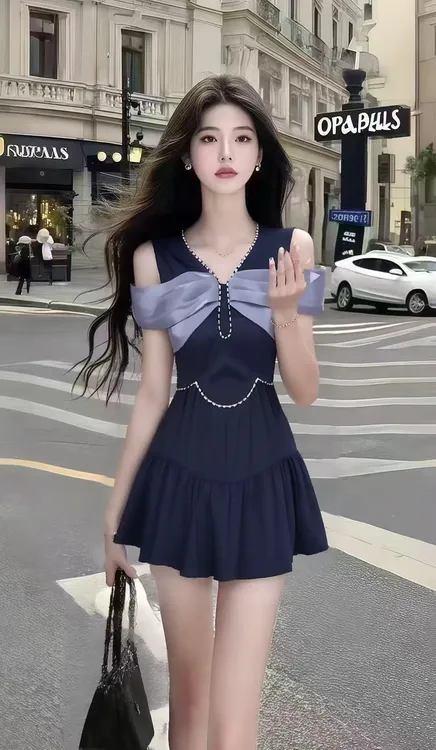 时尚显瘦甜美千金风深蓝色V领露肩设计修身收腰连衣裙氛围感短裙