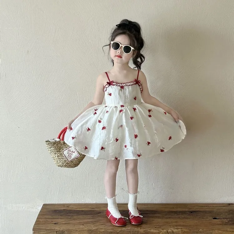 宝宝女童夏季红色碎花吊带裙女款2025新款女孩针织衫公主裙套装