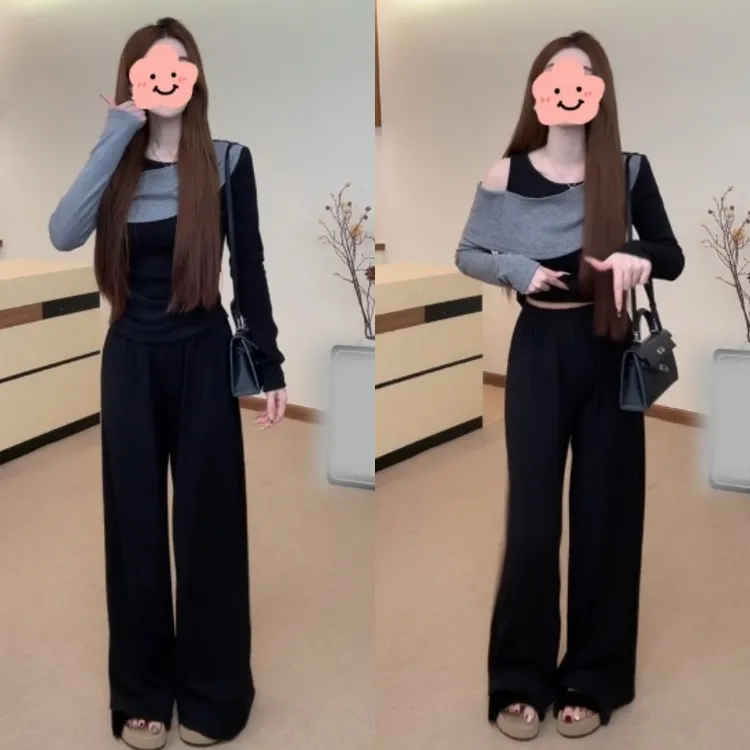 满分比例撞色拼接露肩上衣+松紧高腰直筒长裤套装LK2507085