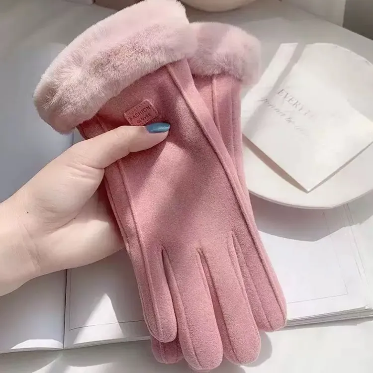 德绒保暖加绒手套女冬季棉手套毛绒触屏手套防寒兔毛手套