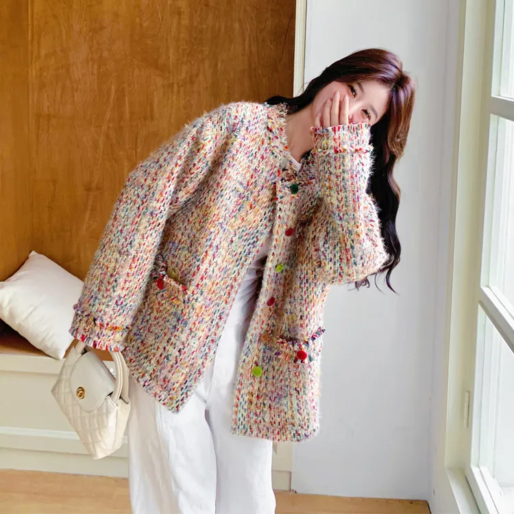 彩色小香风外套女2025春秋新款气质名媛韩系氛围感千金风彩扣开衫