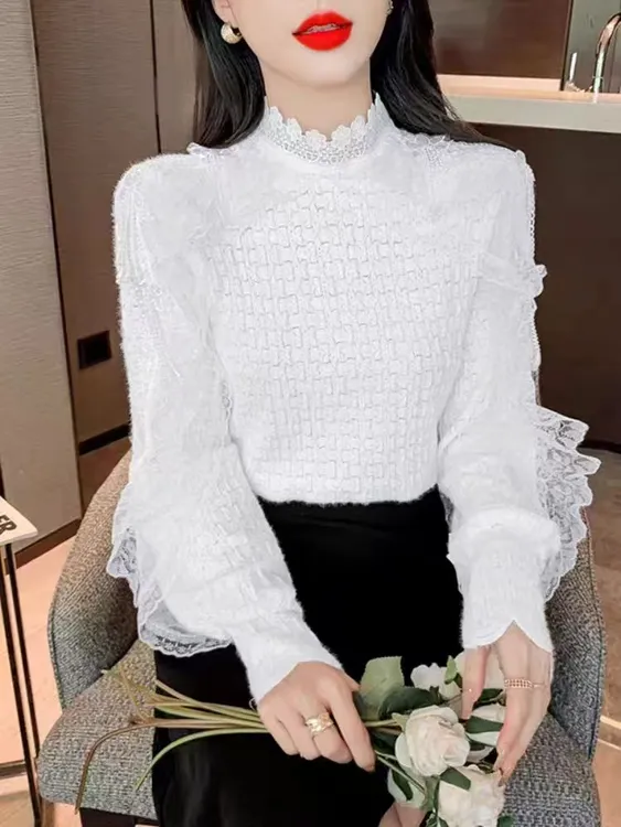 网红秋冬衬衫气质百搭洋气立领半高领蕾丝打底